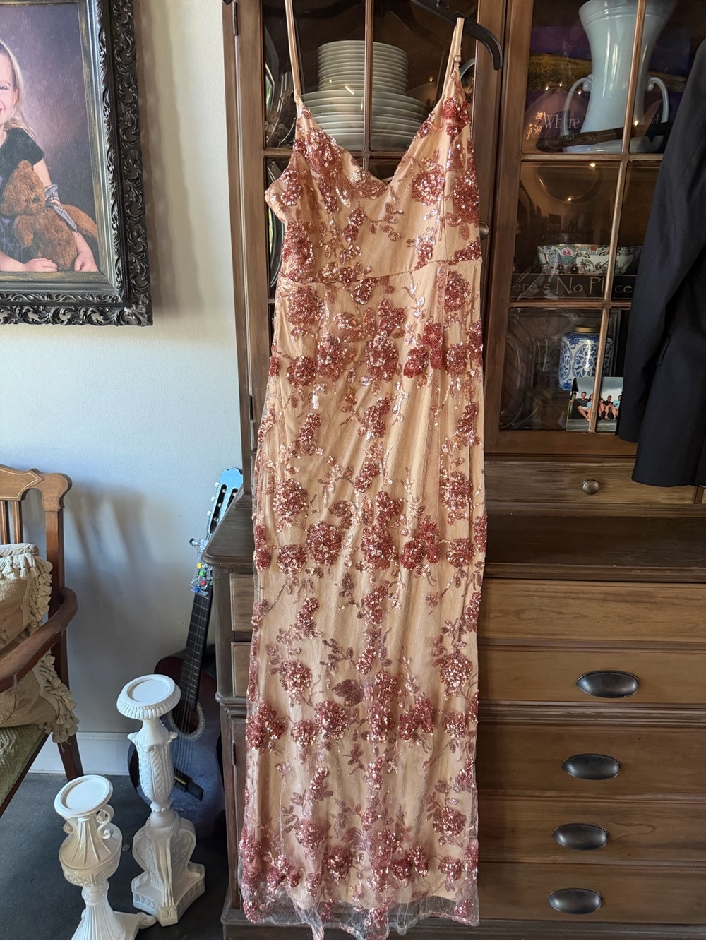 Lulu's Blush-Nude Maxi Slip Dress with Rose-Gold Sequin Floral Appliqué